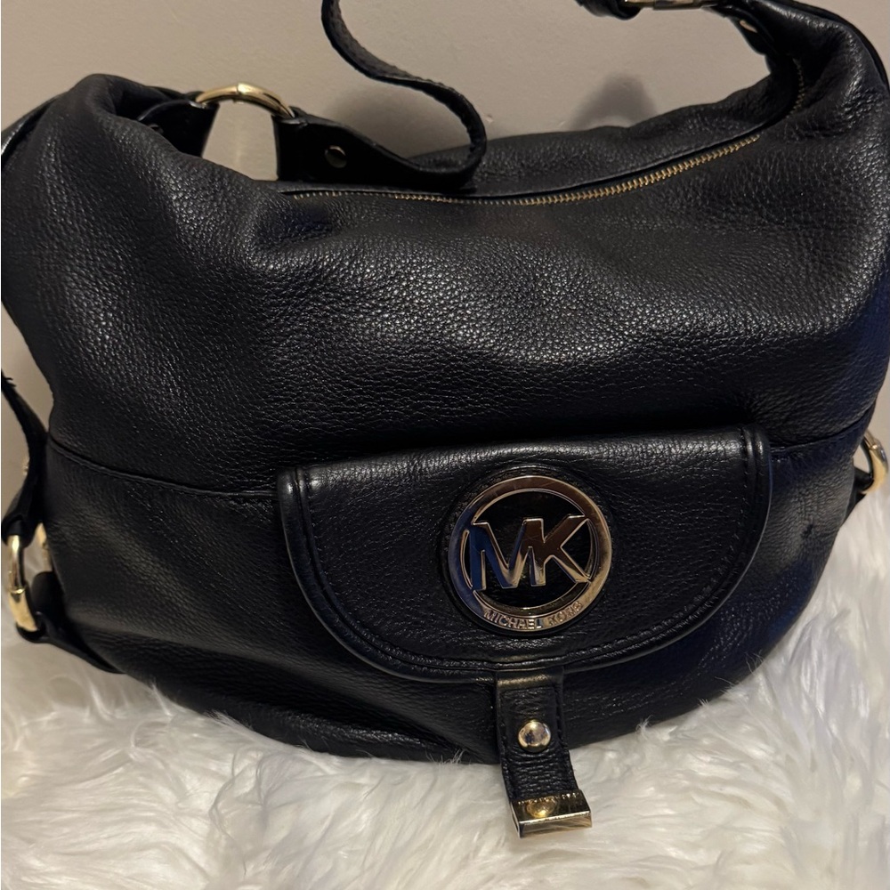 Michael Kors Black Leather Shoulder Bag with Gold Accents
